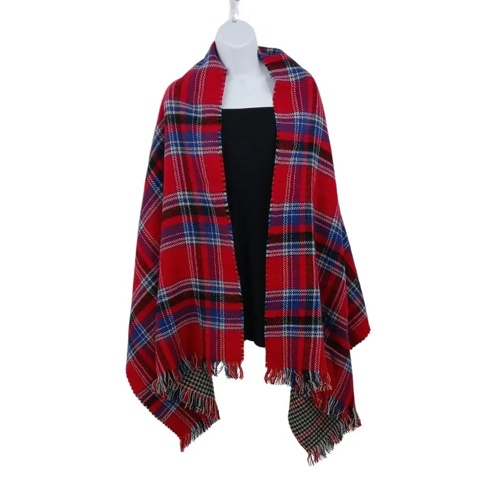 Reversible Plaid Houndstooth Blanket Scarf Fringe Trim Oversized Wrap Scarf